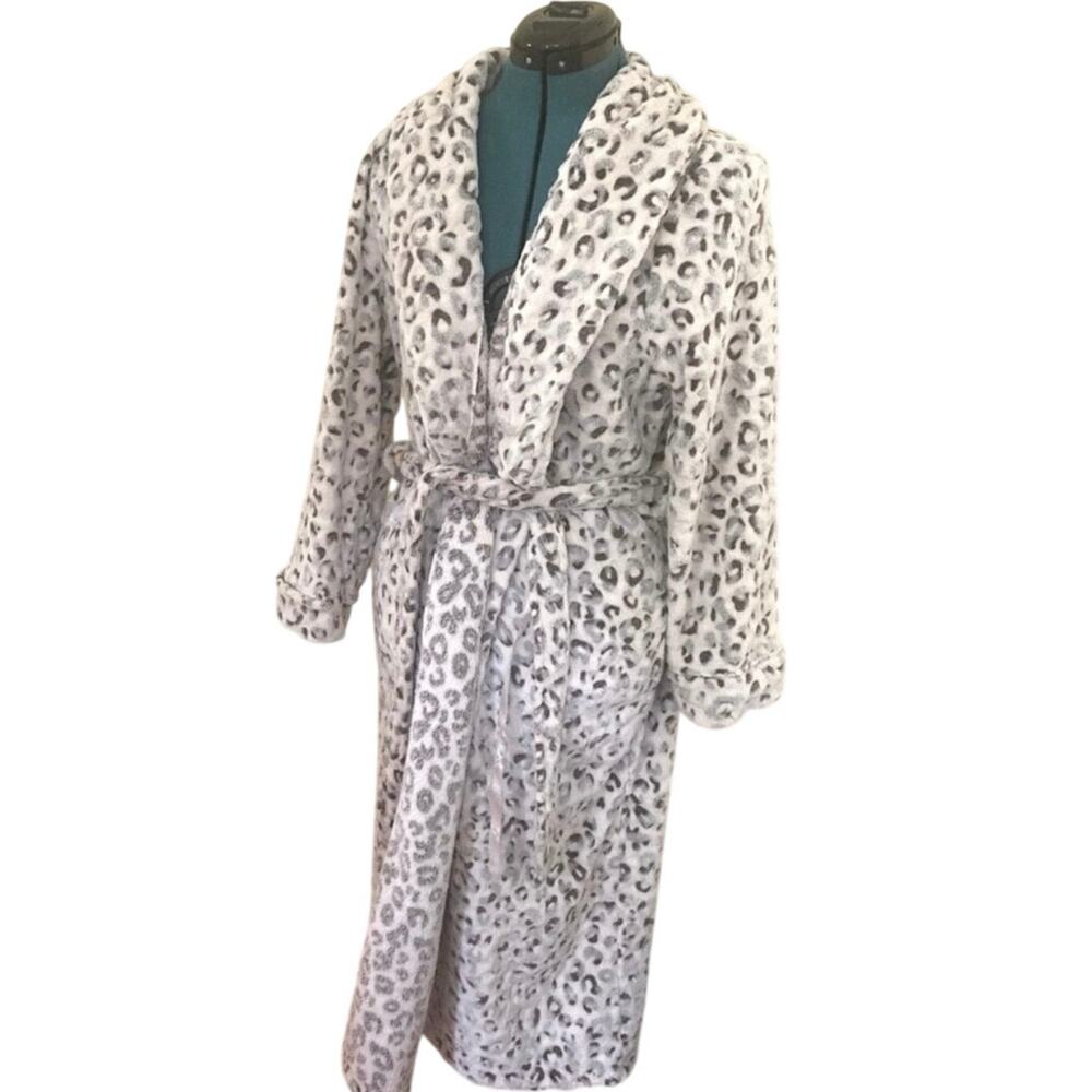 Liz Claiborne Womens Leopard Print Fleece Long Kimono Robe Brown Cream Gray XXL
